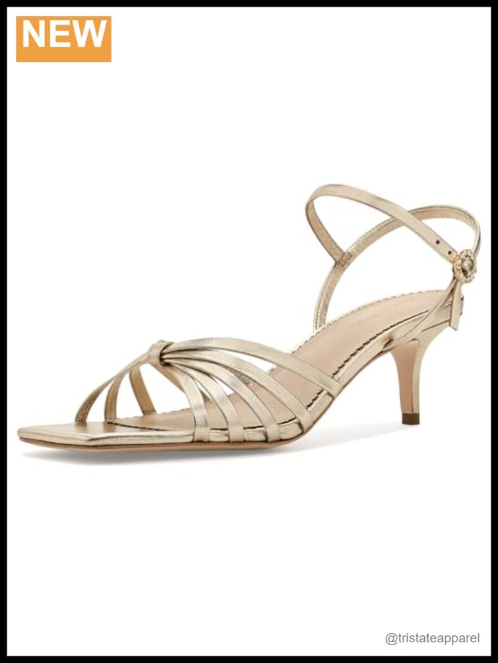 Metallic Strappy Kitten Heel Sandals with Crystal Buckle and Leather Insole